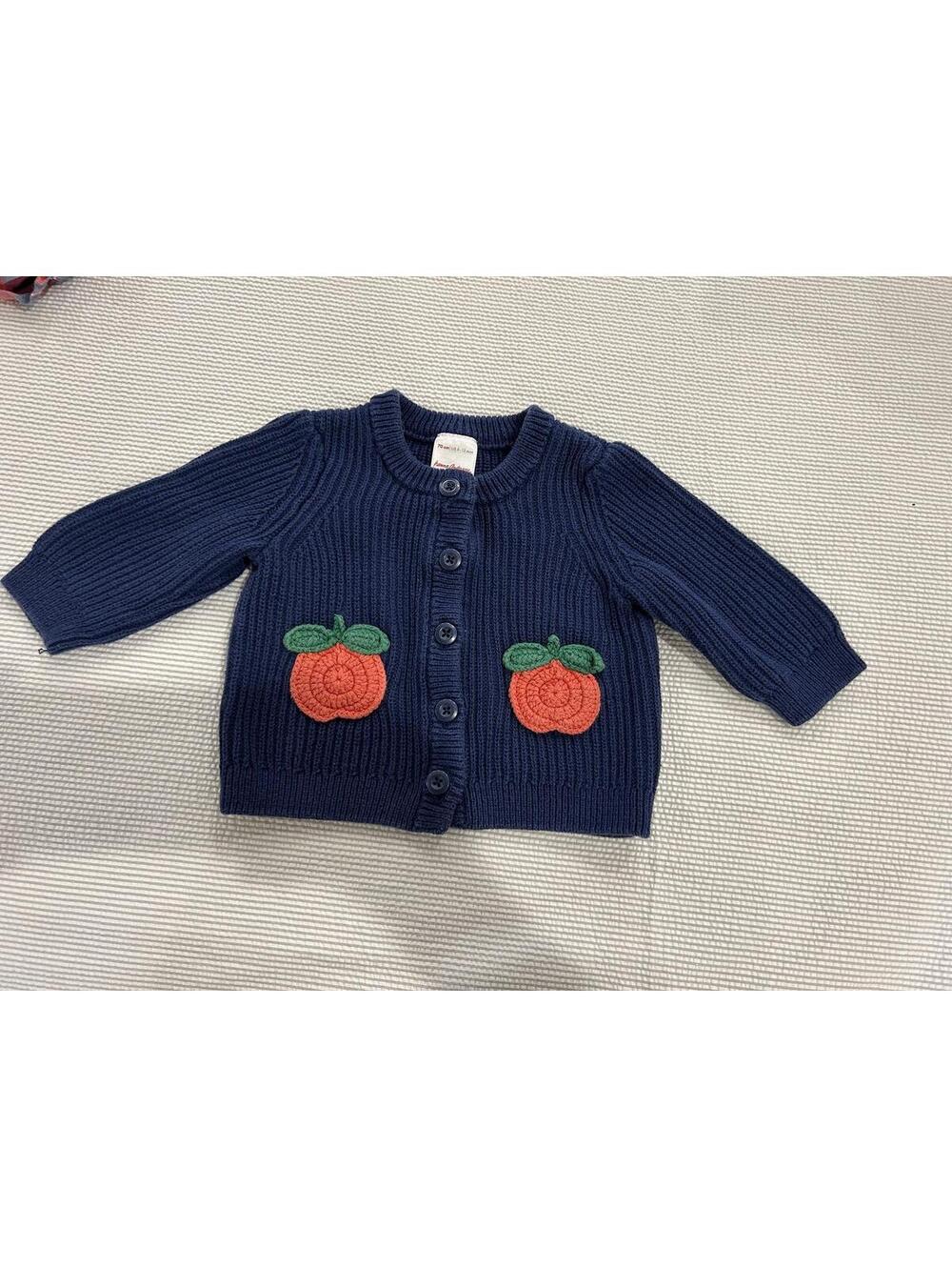 Hanna Andersson Navy Ribbed Knit Cardigan with Peach Appliqués, Size 70 cm (6-12